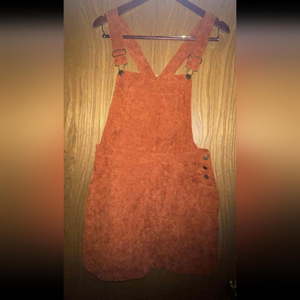 Rust Corduroy Overall Dress with Button Accents